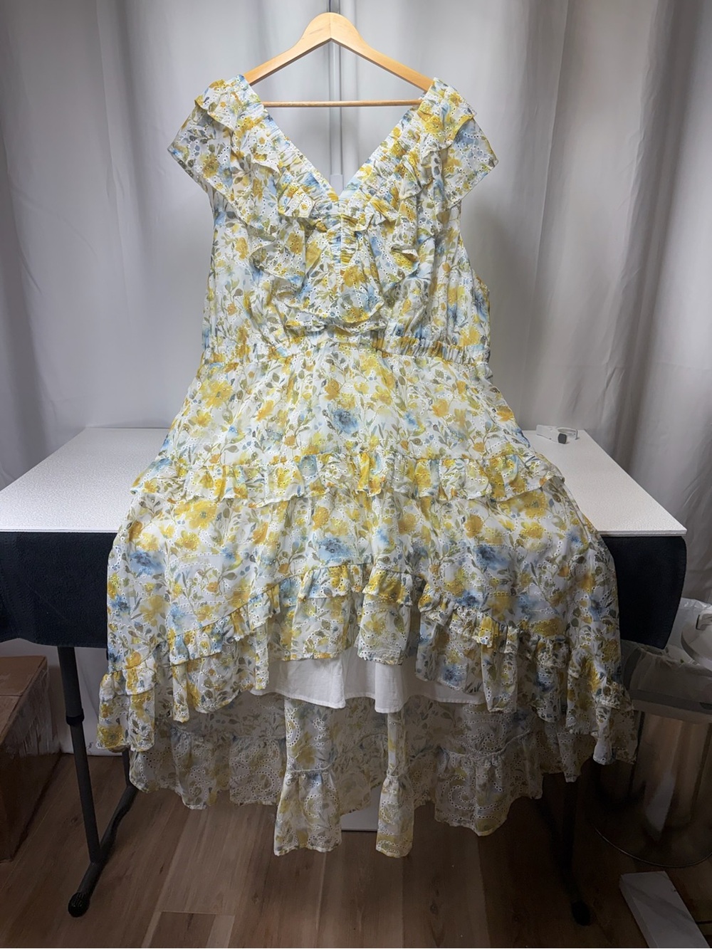 Floral Ruffle High-Low Dress in Yellow & Blue 4461